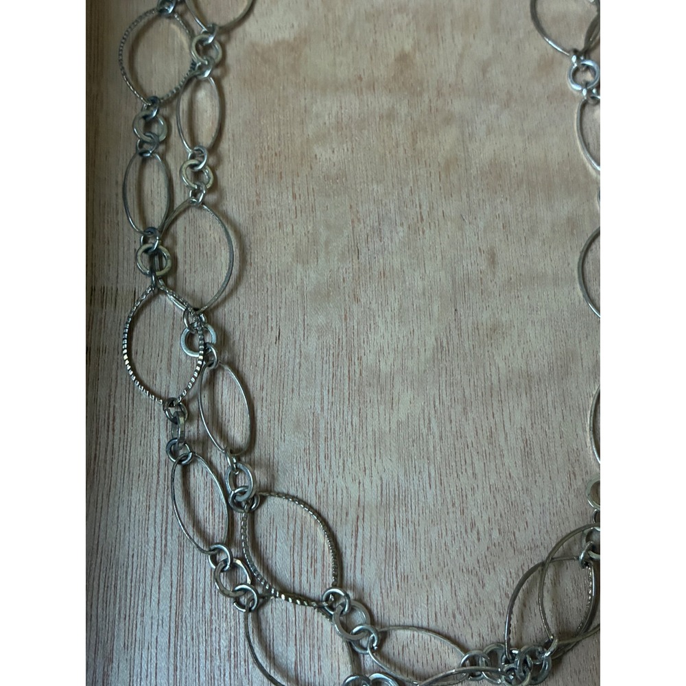 Long Silver Tone Open Link Necklace Convertible Double Strand Textured Oval - Picture 3 of 5